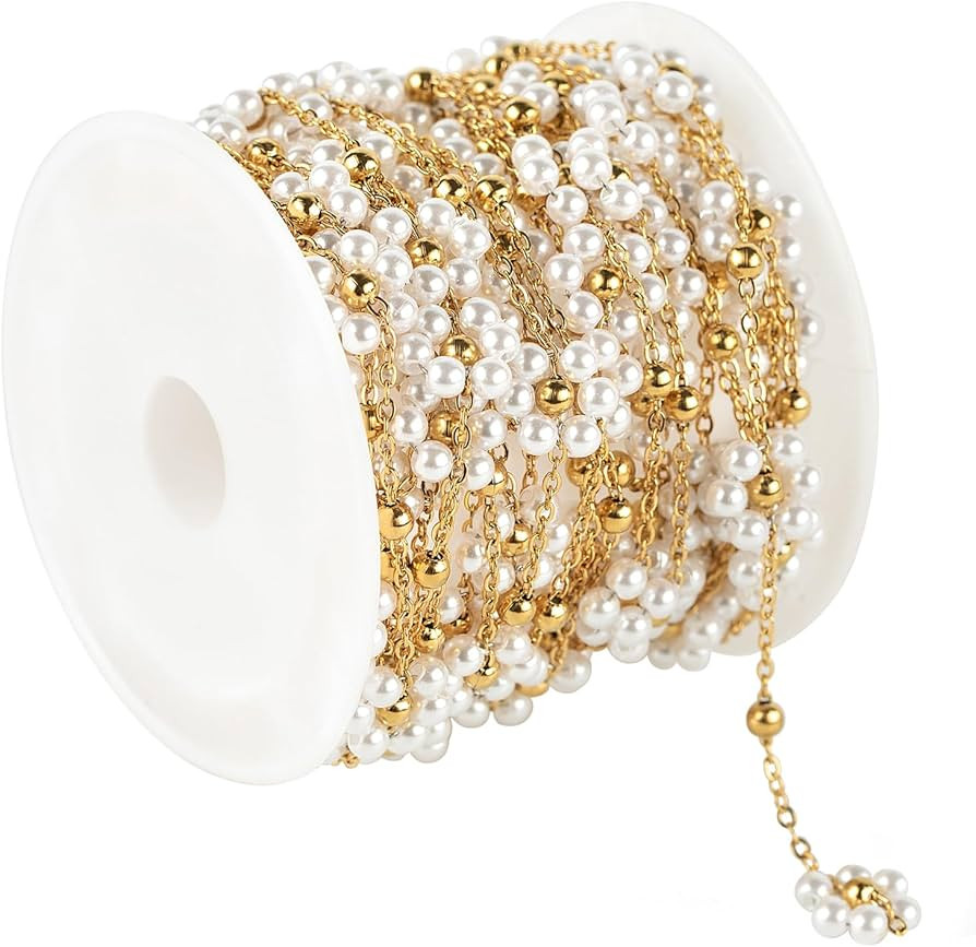 UMAOKANG 9.8 Feet Gold Plated Stainless Steel Chains Bulk White Faux Pearl Flower Necklace Chain ... | Amazon (US)