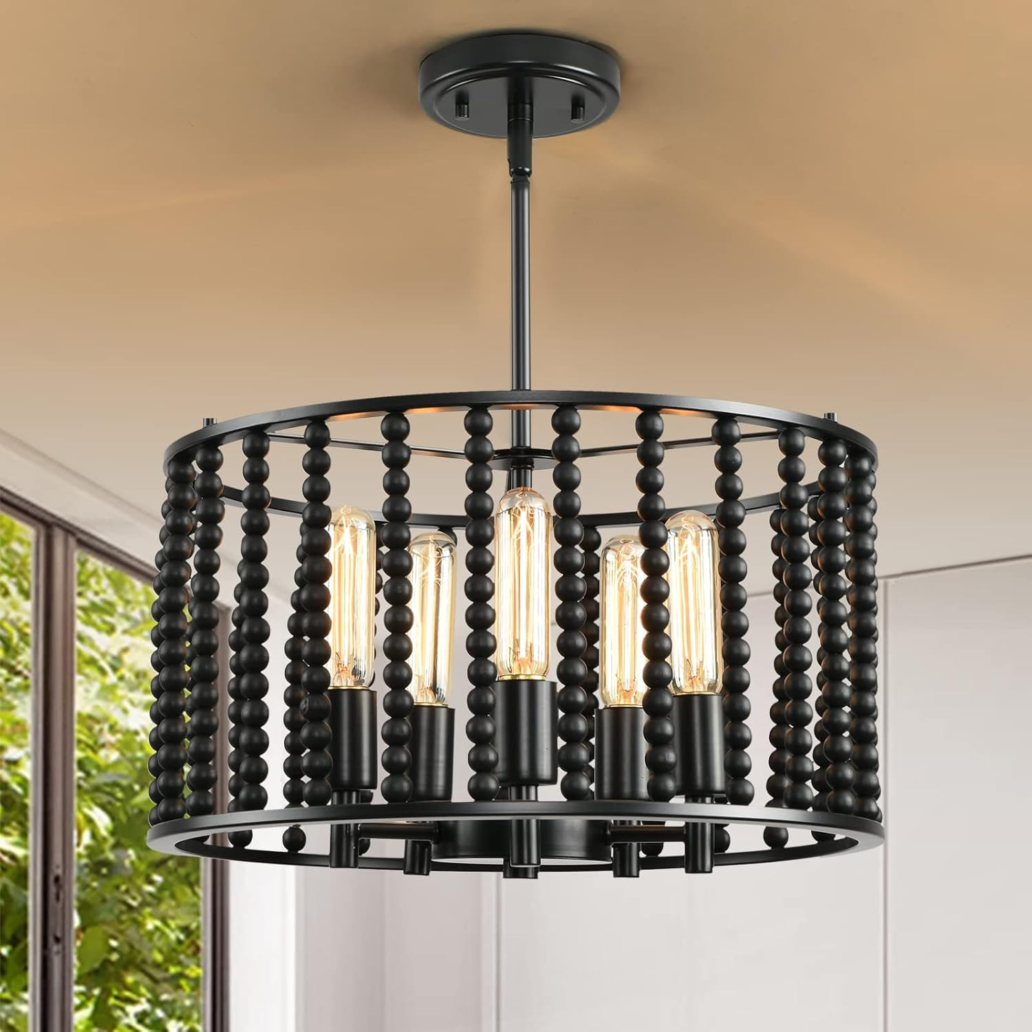 Haopent 16" Black Beaded Chandelier 5-Light Boho Chandelier Wood Bead Semi Flush Mount Ceiling Pe... | Amazon (US)