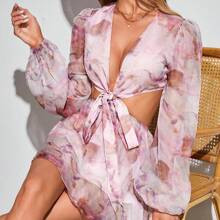 Lantern Sleeve V Neck Knot Cutout Waist Floral Print Chiffon Romper Spring Summer Clothing | SHEIN