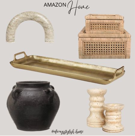 home decor finds, marble arch figurine, rattan storage boxes, travertine candle holders, black vase, gold tray, Amazon finds, coffee table decor 

#LTKfindsunder50 #LTKhome