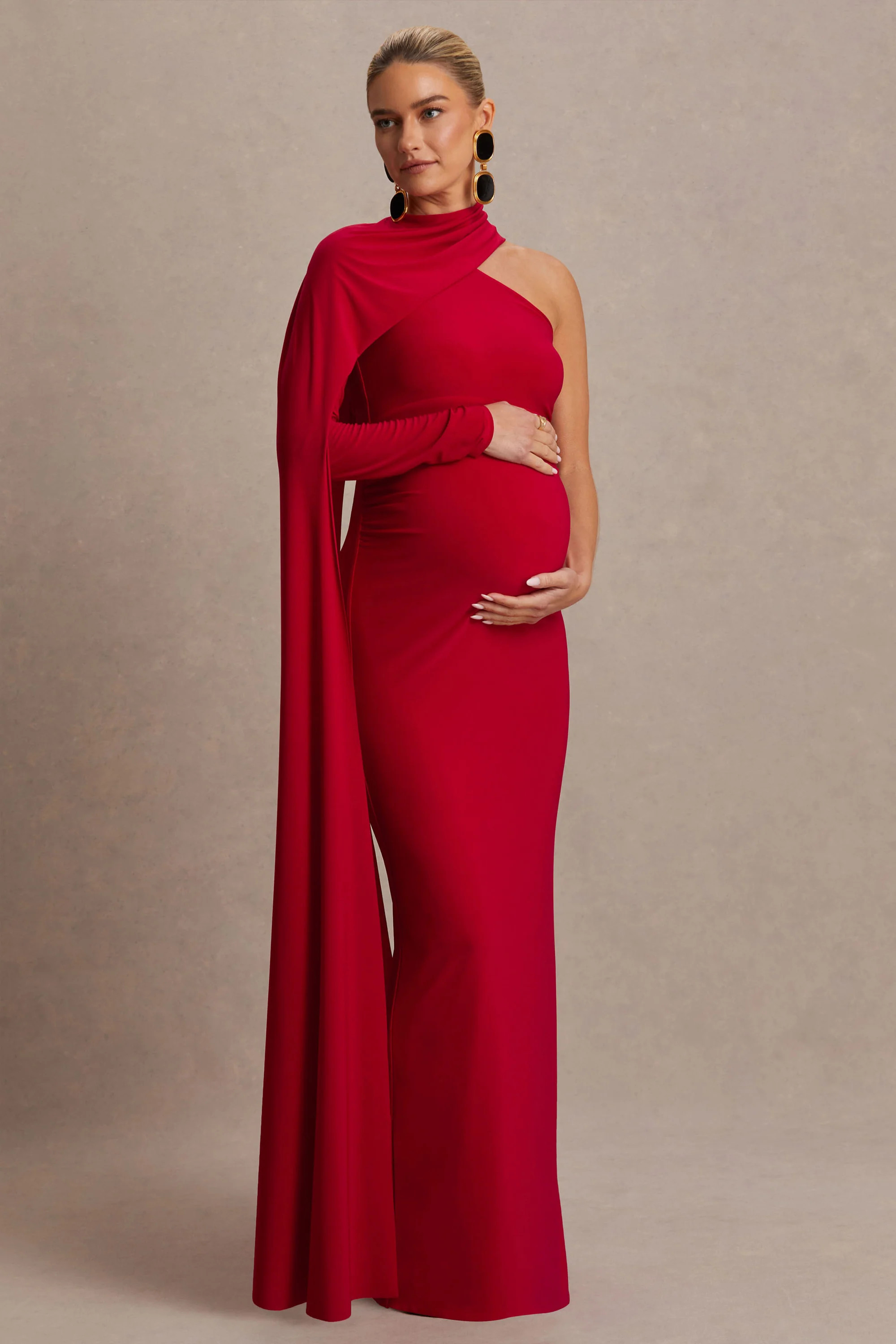 Tessy  Red Asymmetric-Neck Maternity Maxi Dress With Cape-Sleeve | Club L London