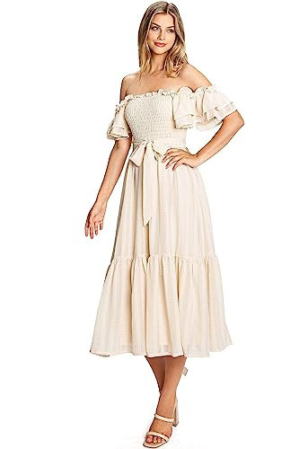A. Calin by Flying Tomato Women's Feminine Boho Off Shoulder Smocked Midi Dress Light Taupe | Amazon (US)