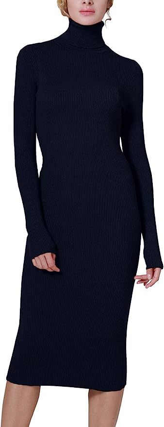 Rocorose Women's Turtleneck Ribbed Elbow Long Sleeve Knit Sweater Dress | Amazon (US)