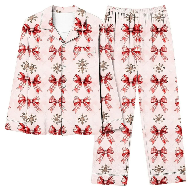 Tnhcen Women's Christmas Pajama Set Pink Bow Print Pajamas Long Sleeve Pajamas for Women 2-Piece ... | Walmart (US)