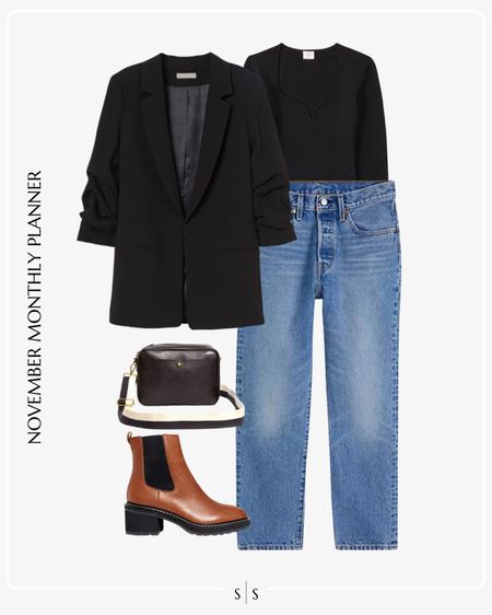 Monthly outfit planner: NOVEMBER Fall and Winter looks | black blazer, long sleeve bodysuit, slim fit jean, lug sole boot, camera crossbody 

See the entire calendar on thesarahstories.com ✨

#LTKstyletip