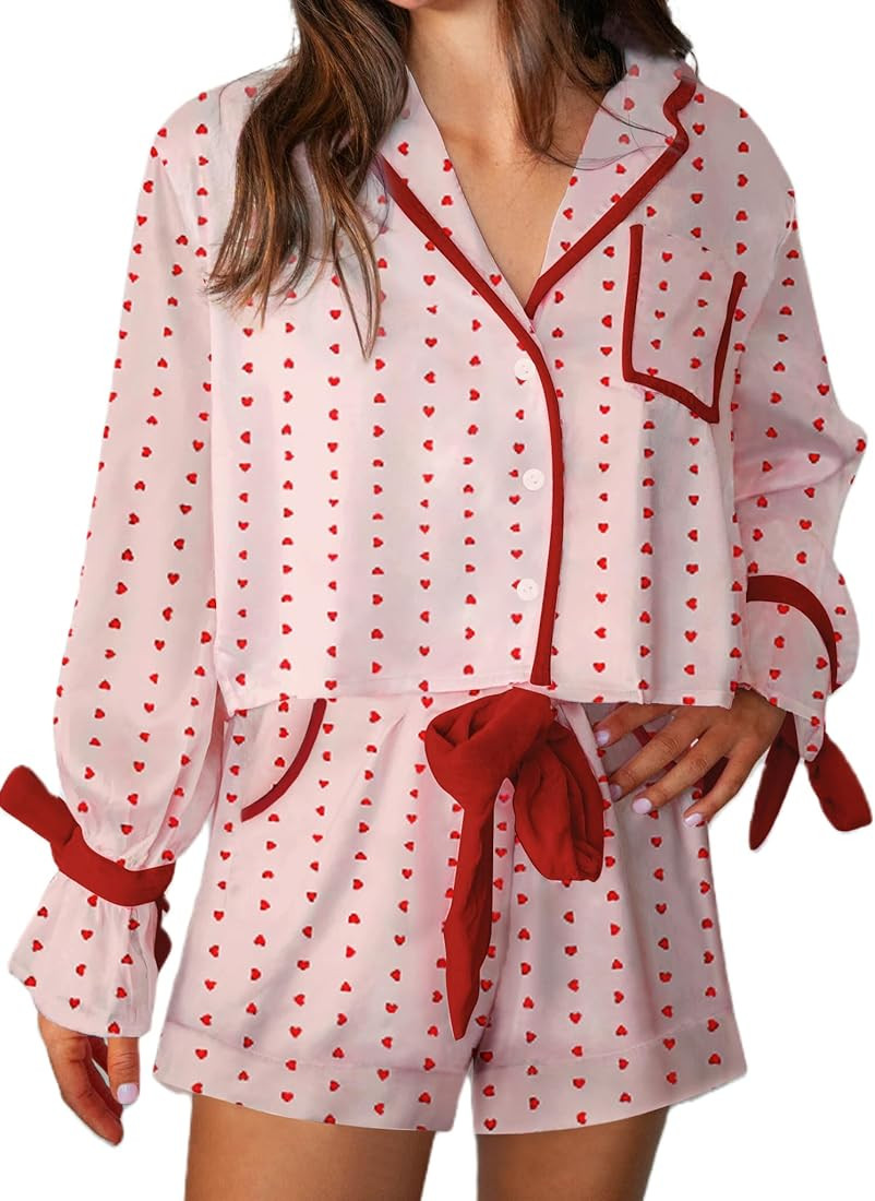 Argeousgor Valentine's Day Pajamas for Women Bow Tie Long Sleeve Shirt Ruffe Shorts Satin Heart 2... | Amazon (US)