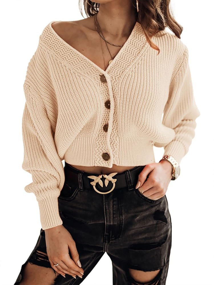 Febriajuce Women's Long Sleeve V-Neck Button Down Rib Knit Cropped Cardigan Sweater | Amazon (US)