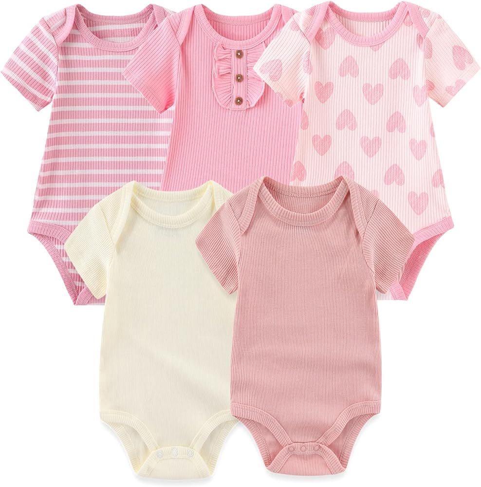 MAMIMAKA Newborn Baby Short Sleeve Bodysuit Cotton One-Piece Baby Clothes 5-Pack, 0-12 Months | Amazon (US)