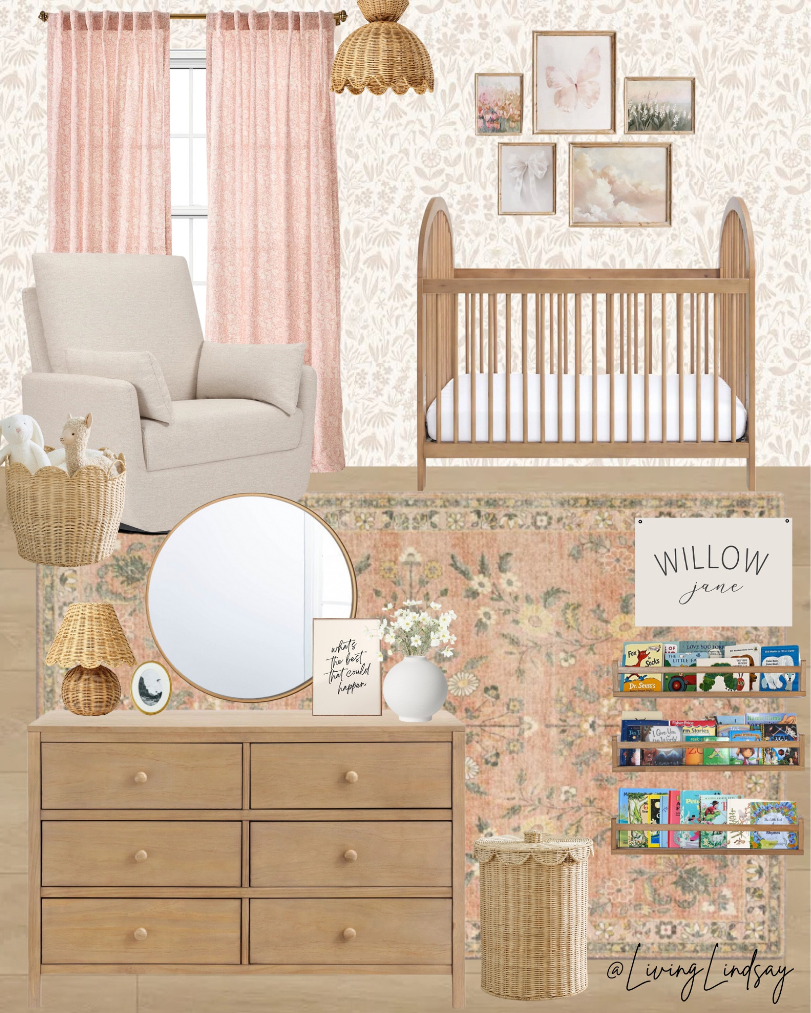 Baby girl Nursery, whimsical nursery, floral nursery, girl room, baby girl, natural crib, wood crib, wood dresser, floral rug, scallops, scallop room 

#LTKHome #LTKKids #LTKFamily