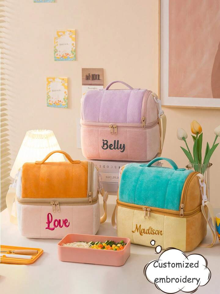 Embroidered Custom Toast Bento Bag, Double-Layer Thick Insulation Bag, One Shoulder, Hand In Hand... | SHEIN