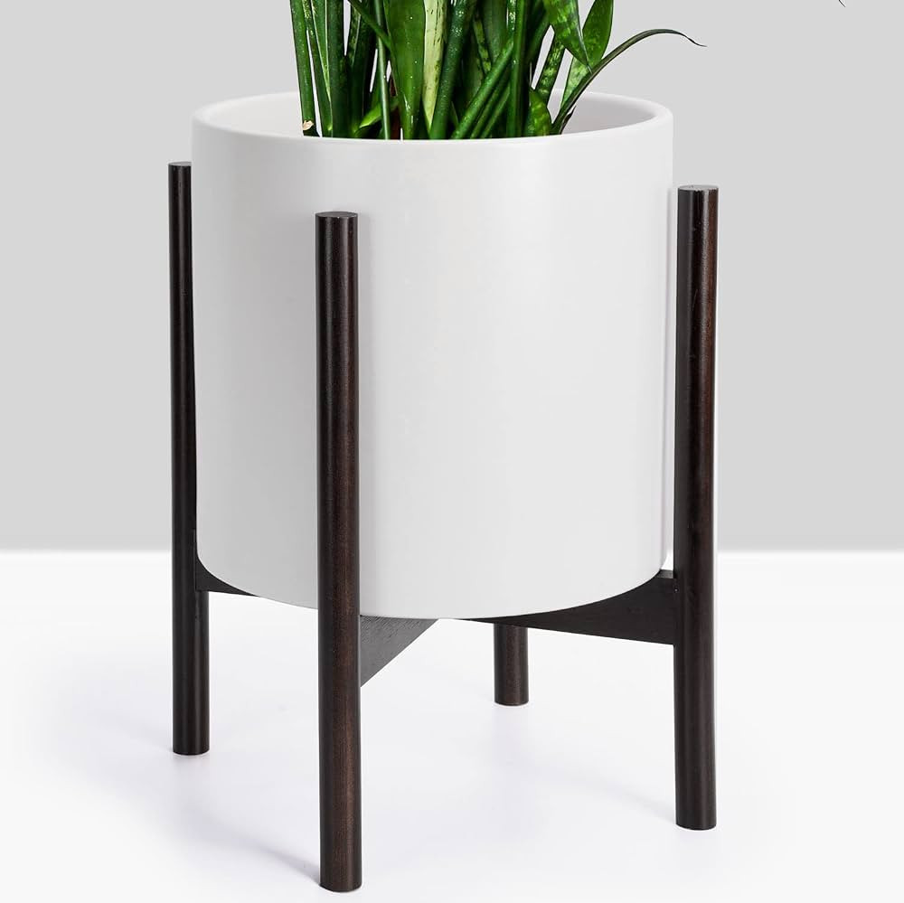 20.5" Large Plant Pot with Stand, 10 inch White Ceramic Pot with Drainage & Wooden Plant Stand, L... | Amazon (US)