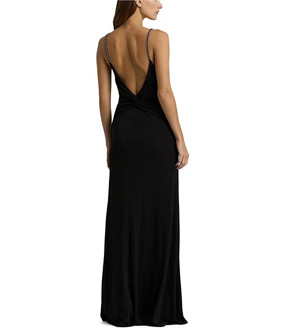 Lauren Ralph Lauren Jersey V-Neck Sleeveless Chain Strap Drape Knotted Open Back Pull-On Maxi Dre... | Dillard's