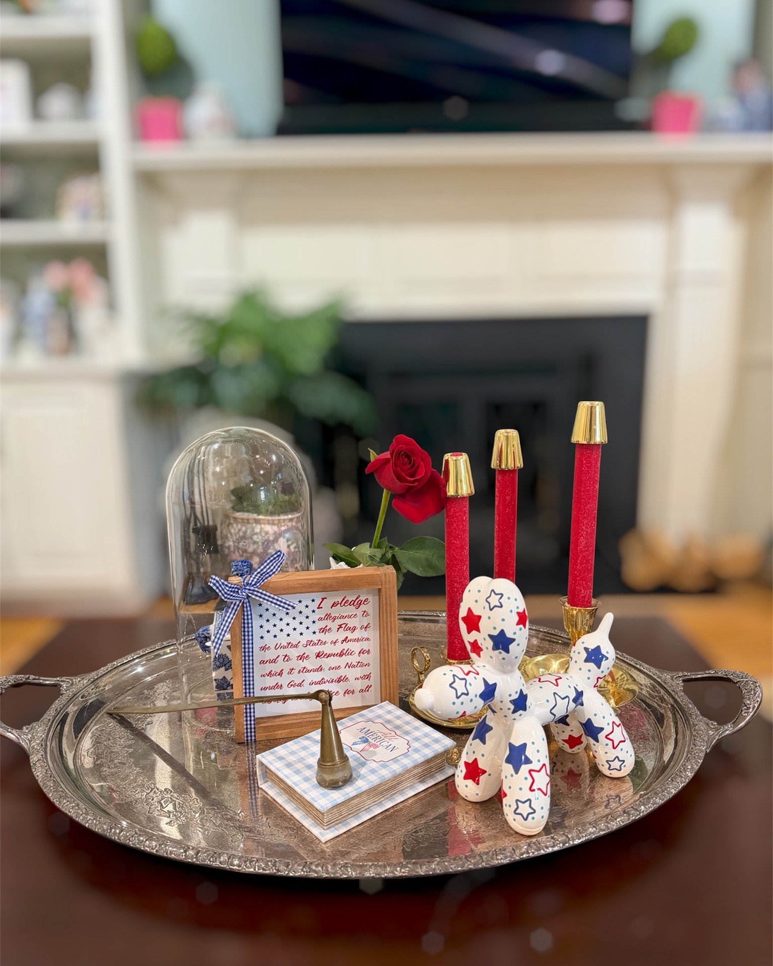 Patriotic Decor Finds That Feel Classic, Not Tacky ❤️🤍💙

Sharing a few of my favorite patriotic decor finds for Memorial Day and the 4th of July ❤️🤍💙 I love mixing classic Americana touches with chinoiserie-inspired accents, vintage brass details, gingham patterns, and playful balloon dog decor for a look that feels festive but still elevated ✨

This little tray setup includes blue and white accents, mini American flags, red taper candles with brass holders, patriotic artwork, ginger jars, and the cutest star-spangled balloon dog pieces 🇺🇸 The perfect mix of preppy, classic, and whimsical for summer entertaining, coffee tables, bookshelves, or entryway styling 🌟

Patriotic home decor, Americana decor, Memorial Day decor, Fourth of July decor, blue and white decor, chinoiserie home style, preppy home decor, ginger jar decor, coffee table styling, brass decor accents, patriotic tray decor, summer entertaining ideas, classic Americana style ❤️🤍💙 grandmillennial American decor

#LTKHome #LTKSeasonal #LTKmomlife