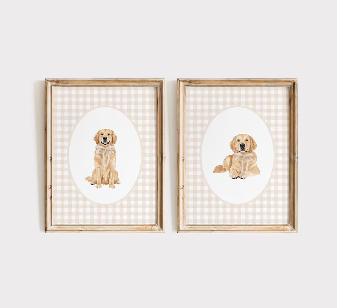 Golden Retriever Nursery Print Set, Watercolor Dog Wall Art, Neutral Nursery, Boy Gingham Wall Pr... | Etsy (US)
