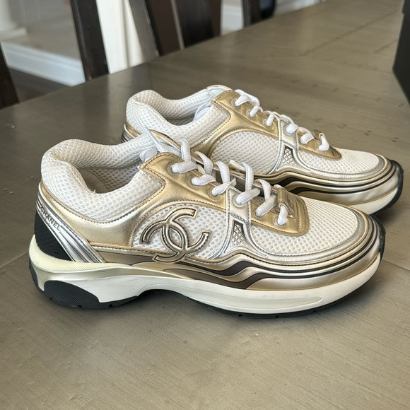Chanel sneakers trainers flats white gold silver sz 38 with box | Poshmark
