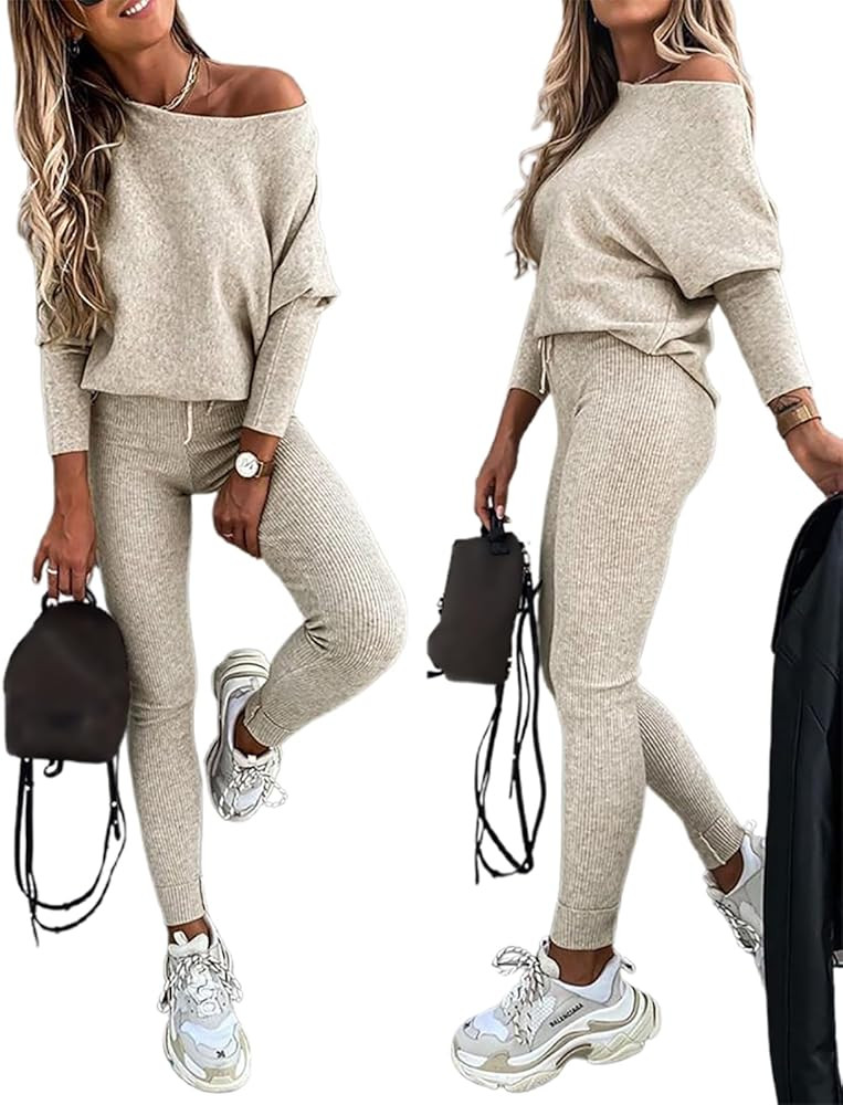 CHICME 2 Piece Lounge Outfit Long Sleeve Knit Pullover Tops Drawstring Pants Set Tracksuit Sweats... | Amazon (US)