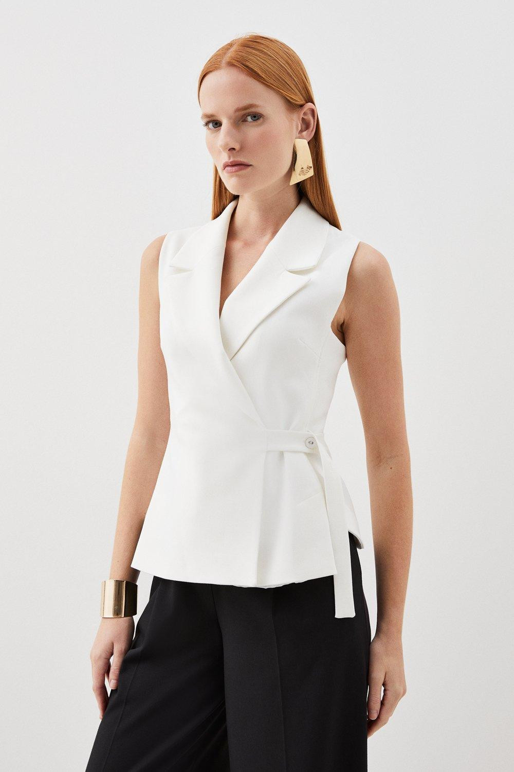 Tailored Compact Stretch Tie Tab Detail Sleeveless Blazer | Karen Millen US
