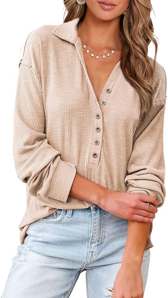 BTFBM Women Casual Button Up V Neck Blouses Long Sleeves Solid Color Stand Collar Knitted Tops Cu... | Amazon (US)
