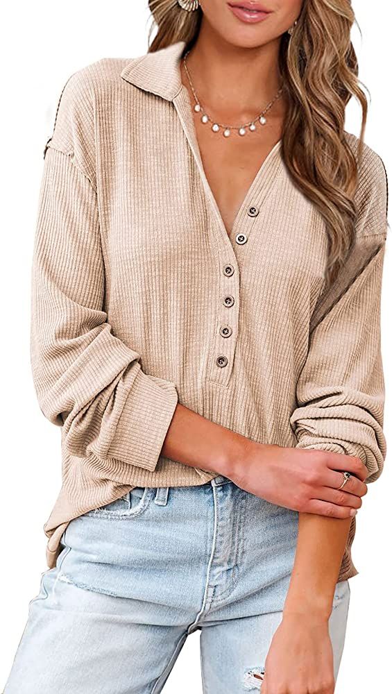 BTFBM Women Casual Button Down V Neck Blouses Long Sleeve Solid Color Stand Collar Knitted Tops C... | Amazon (US)