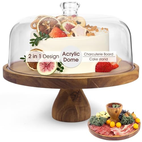 WEIFUTCH Acacia Wood Cake Stand with Lid, 12in Round Cake Holder, 2-in-1 Cake Plates with Acrylic Dome, Dessert Table Display Set for Party Birthday Kitchen Wedding | Amazon (US)