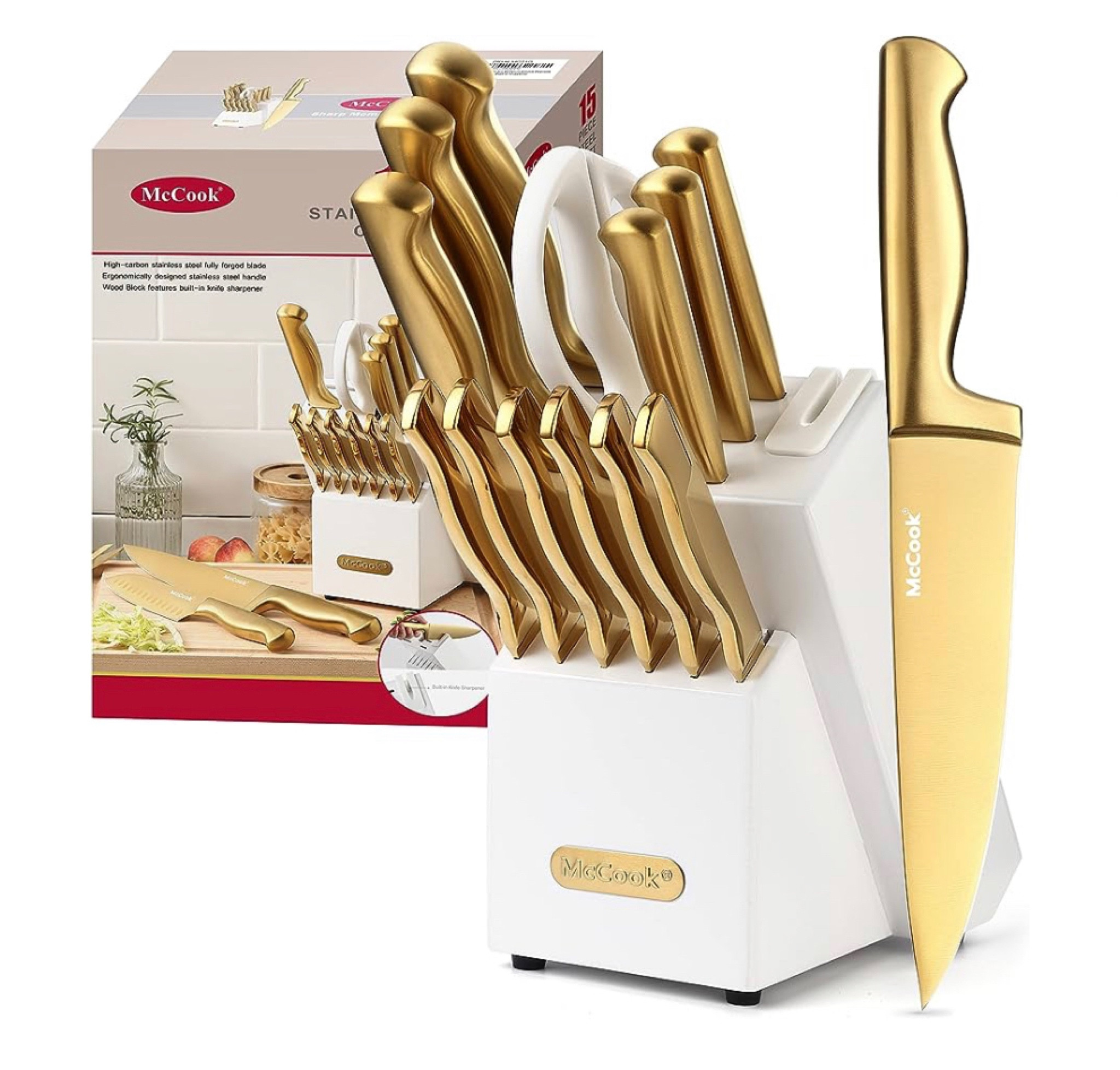 Marco Almond Golden Titanium Knife Set with Acrylic Stand, Kitchen