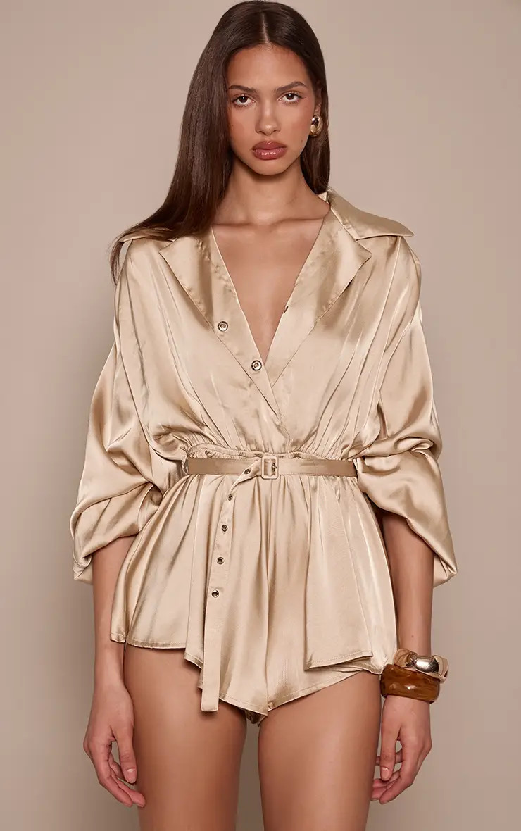 Chartreuse Satin Long Sleeve Belt Detail Playsuit | PrettyLittleThing US