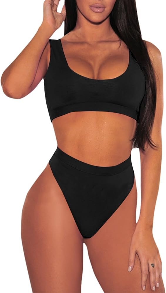 Pink Queen Women's Crop Top High Waisted Cheeky Bikini Set Two Piece Swimsuits | Amazon (US)