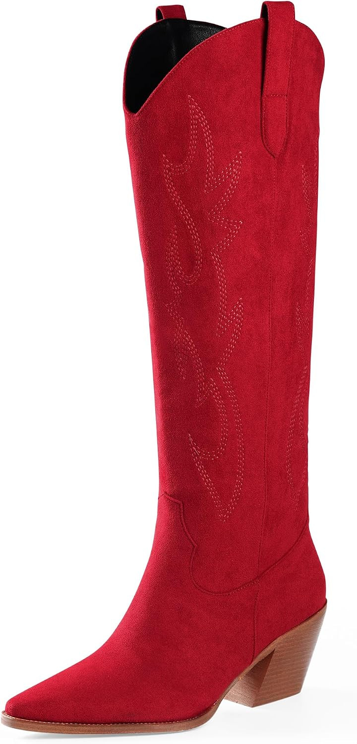 Cowgirl Boots Women Knee High Boots Pointed Toe and Block Heel Cowboy Suede and Faux Leather Boots with Embroidered | Amazon (US)