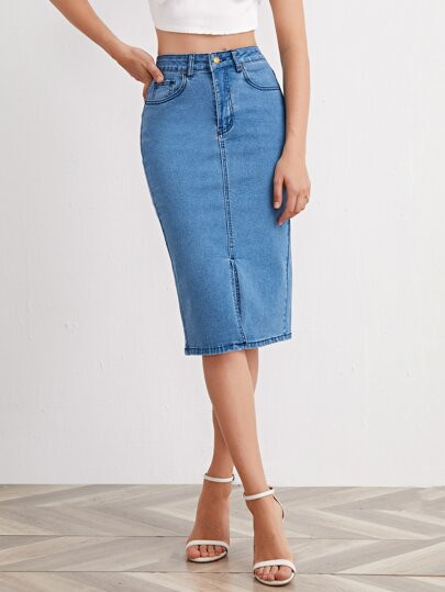 Slit Hem Pencil Denim Skirt | SHEIN