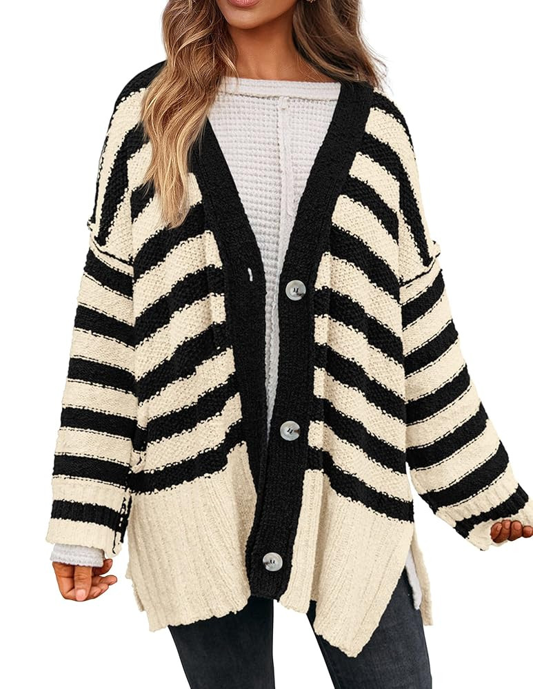 PRETTYGARDEN Women's Winter Striped Cardigan Sweaters Long Sleeve Button Down Open Front Chunky K... | Amazon (US)