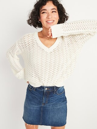 Textured Pointelle-Knit V-Neck Sweater for Women | Old Navy (US)