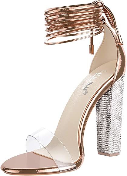 Women’s Gold High Heels Sandals with Rhinestone Ankle Strappy Clear Chunky Heels Dress Party Pu... | Amazon (US)