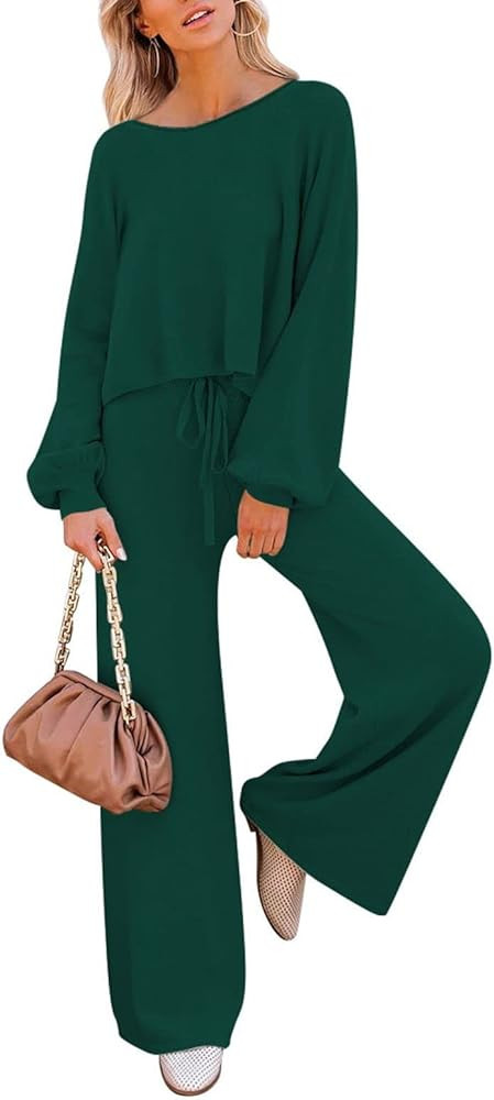 Pink Queen Women's 2 Piece Outfit Sweater Set Long Sleeve Crop Knit Top and Wide Leg Long Pants S... | Amazon (US)
