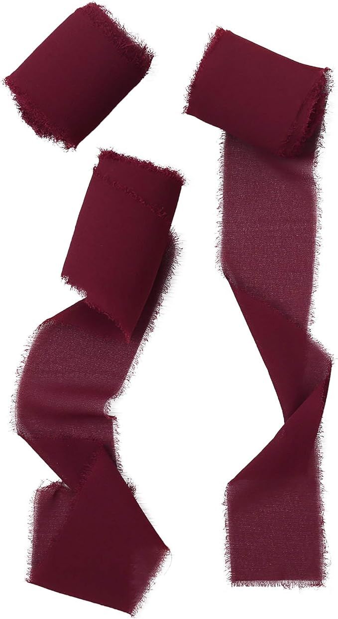 Doris Home Handmade Fringe Chiffon Silk-Like Ribbon 2" x 7Yd Set of 3 Rolls Burgundy Ribbons for ... | Amazon (US)