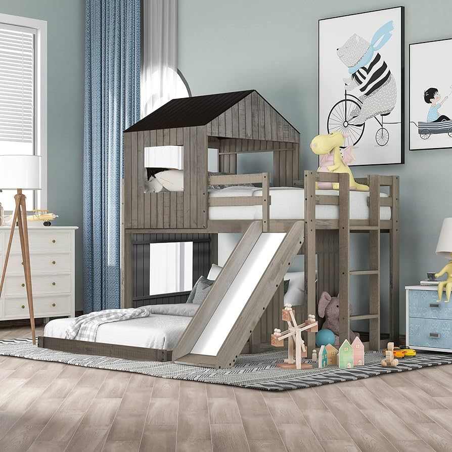 Harper & Bright Designs Twin Over Full Bunk Beds with House Shape, House Bunk Bed with Roof, Wind... | Amazon (US)