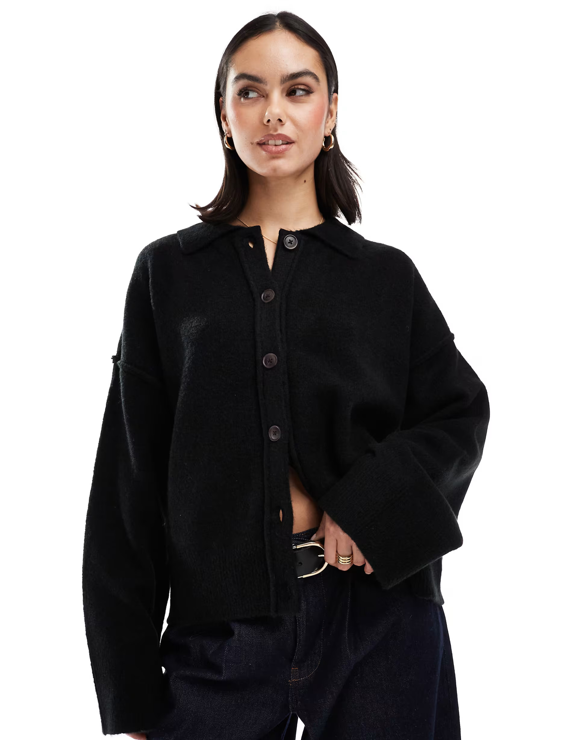 ASOS DESIGN knitted collar shirt cardigan with seam detail in black | ASOS (Global)