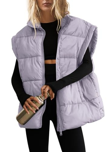 SENSERISE Womens Oversized Puffer Vest Quilted Jacket Bubble Vest Puffy Coats Zip Up Outerwear with Pockets Padded Gilet(Light Purple,S) | Amazon (US)