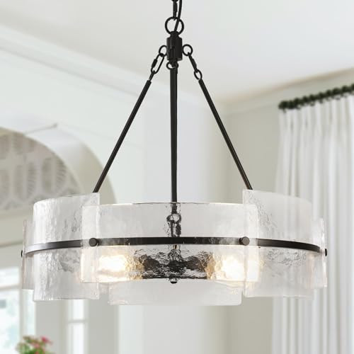 ZLNIDJIA Black 22" Farmhouse Glass Chandelier - Modern Round Foyer Lighting Fixture for Dining Room, Kitchen Island, Bedroom, Living Room, Entryway | Amazon (US)