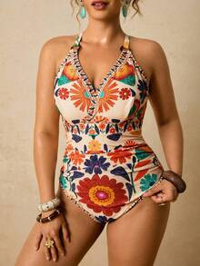 Travachic Plus Size Women Apricot Floral Print One-Piece Swimsuit Spring Outfit Women Summer Holi... | SHEIN