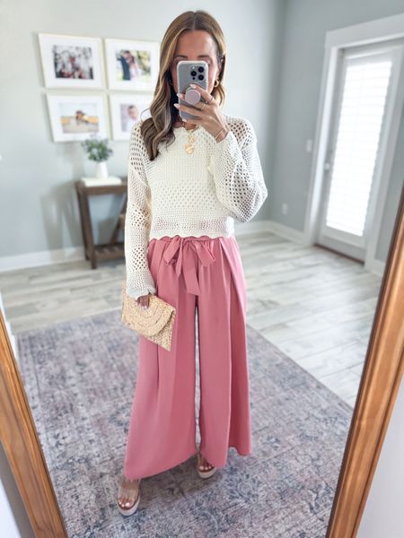 Amazon wide leg pants in XS. I LOVE these! Fabric is so nice and petite-friendly on me (I’m 5’3). Vacation outfit. Resort wear. Casual outfit. Spring outfit. Summer outfit. Crochet top in XS. Seamless tank in XS. Shoes are TTS. 

#LTKshoecrush #LTKtravel #LTKfindsunder50