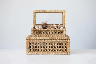 Home Accents Woven Rattan Display Boxes With Glass Lids And Fir Wood Frame (set Of 2 Sizes), Natural | Ashley Homestore