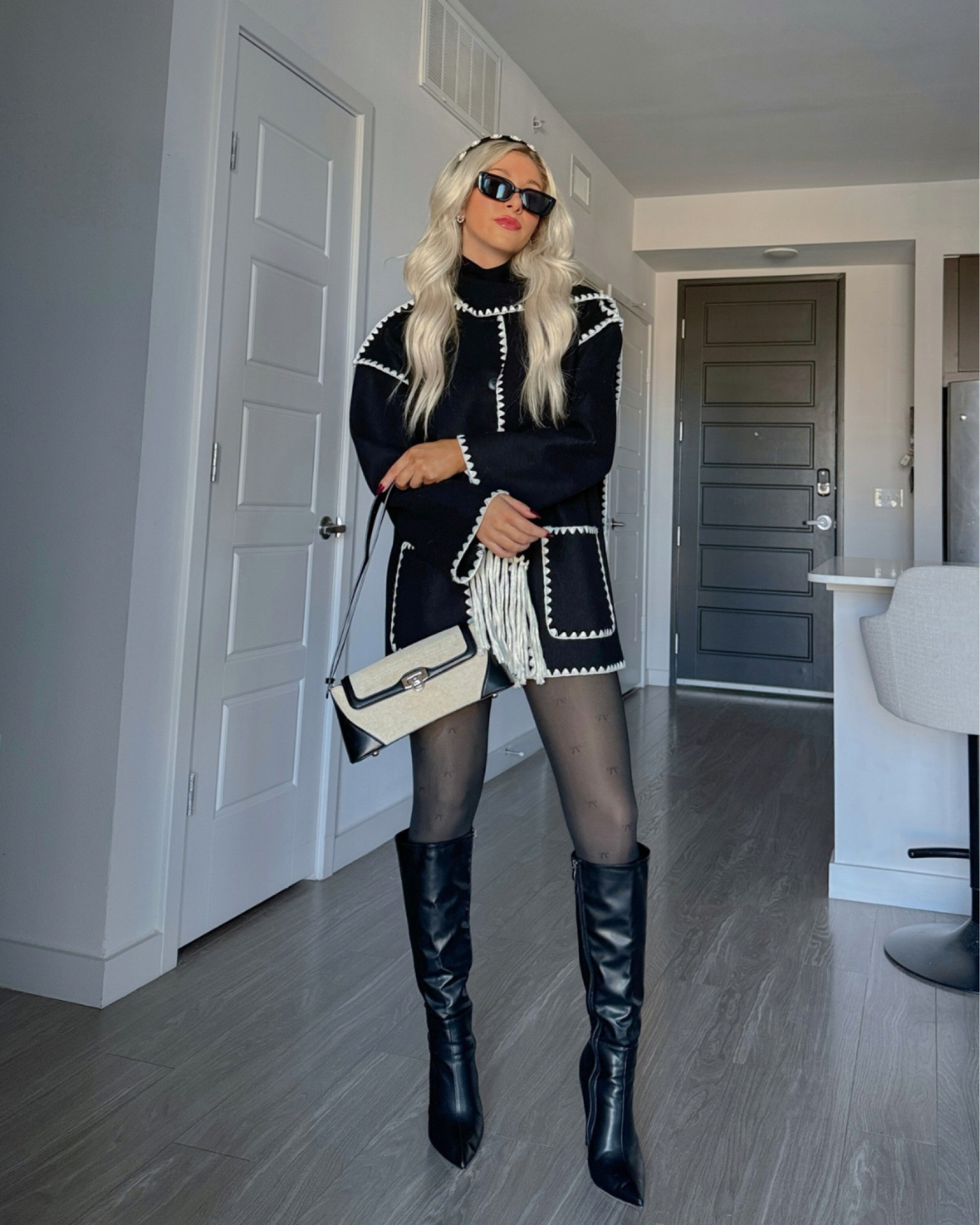 Jacket size small
Boots size 6 (true to size) 

Contrast jacket, fall jackets, scarf and jacket set, black bow tights, pearl headband, beige and black handbag, trendy bag, monochrome outfit, neutral outfit, winter outfit inspo, fall fashion trends, fall outfit inspo, black retro sunglasses, trendy winter outfit, stiletto knee high boots, black heel boots 

#LTKStyleTip #LTKHoliday #LTKTravel