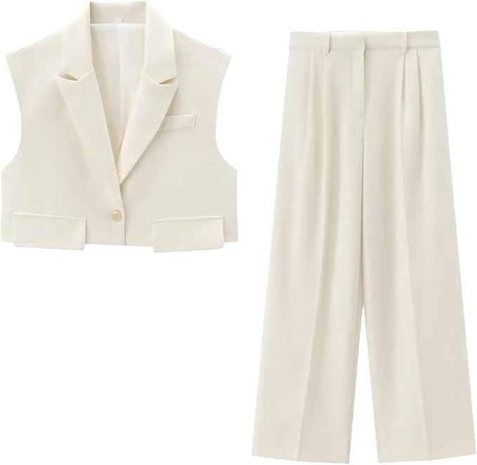 Mnjyihy Women's 2 Piece Outfits Ladies Solid Single Button Notched Sleeveless Vest Top Zipper Wid... | Amazon (US)