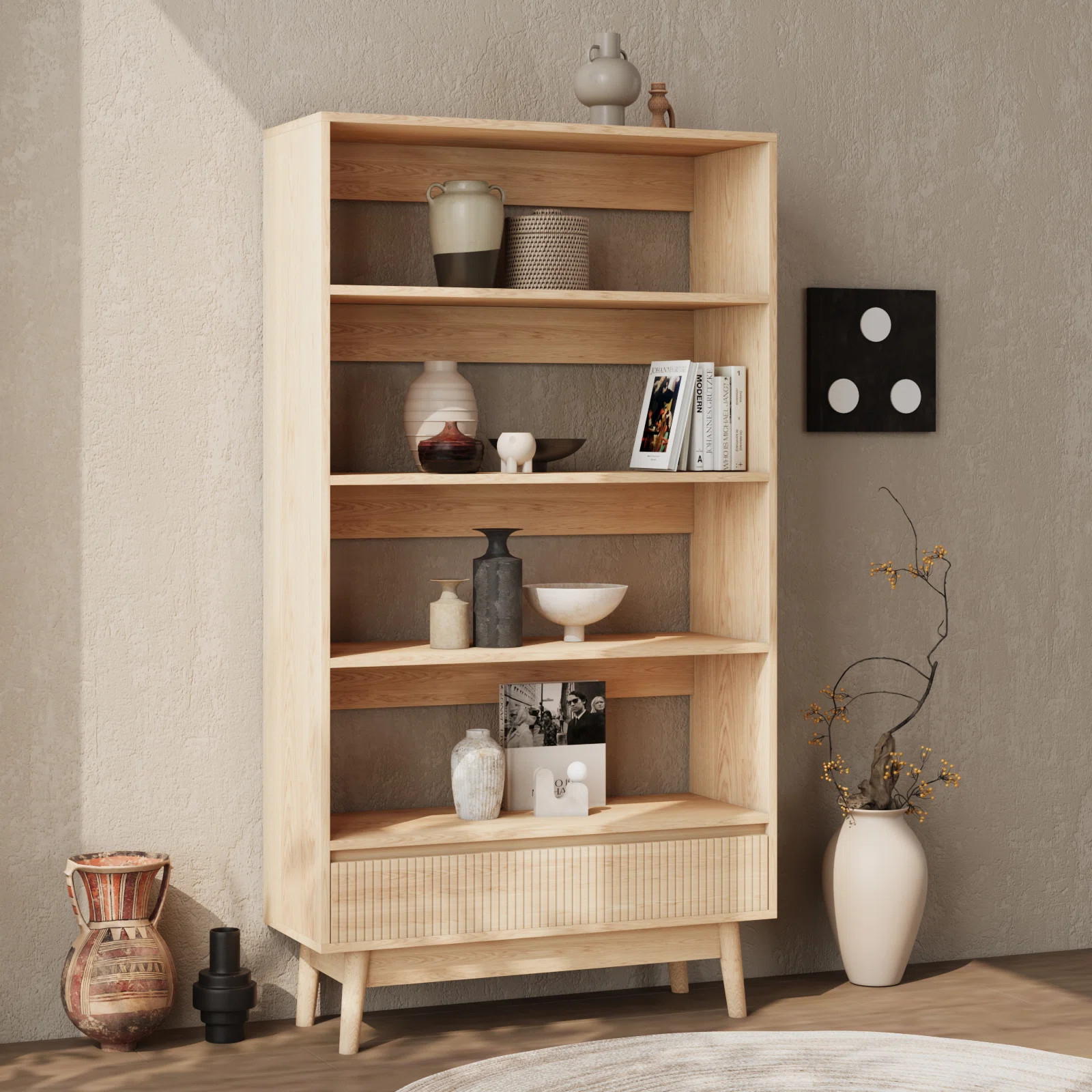 4 Tier Bookcase With Grooved Wooden Storage Drawer | Wayfair North America