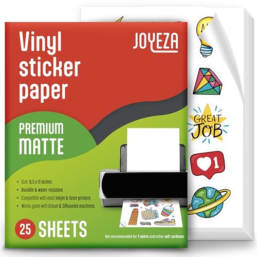 JOYEZA Premium Printable Vinyl Sticker Paper for Inkjet Printer - 25 Sheets Matte White Waterproo... | Amazon (US)