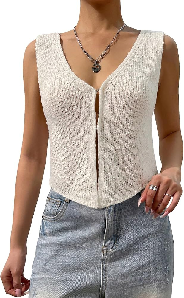 GORGLITTER Women's Crochet Knit Top Hollow Out Sleeveless Button Down Sweater Tank Top | Amazon (US)