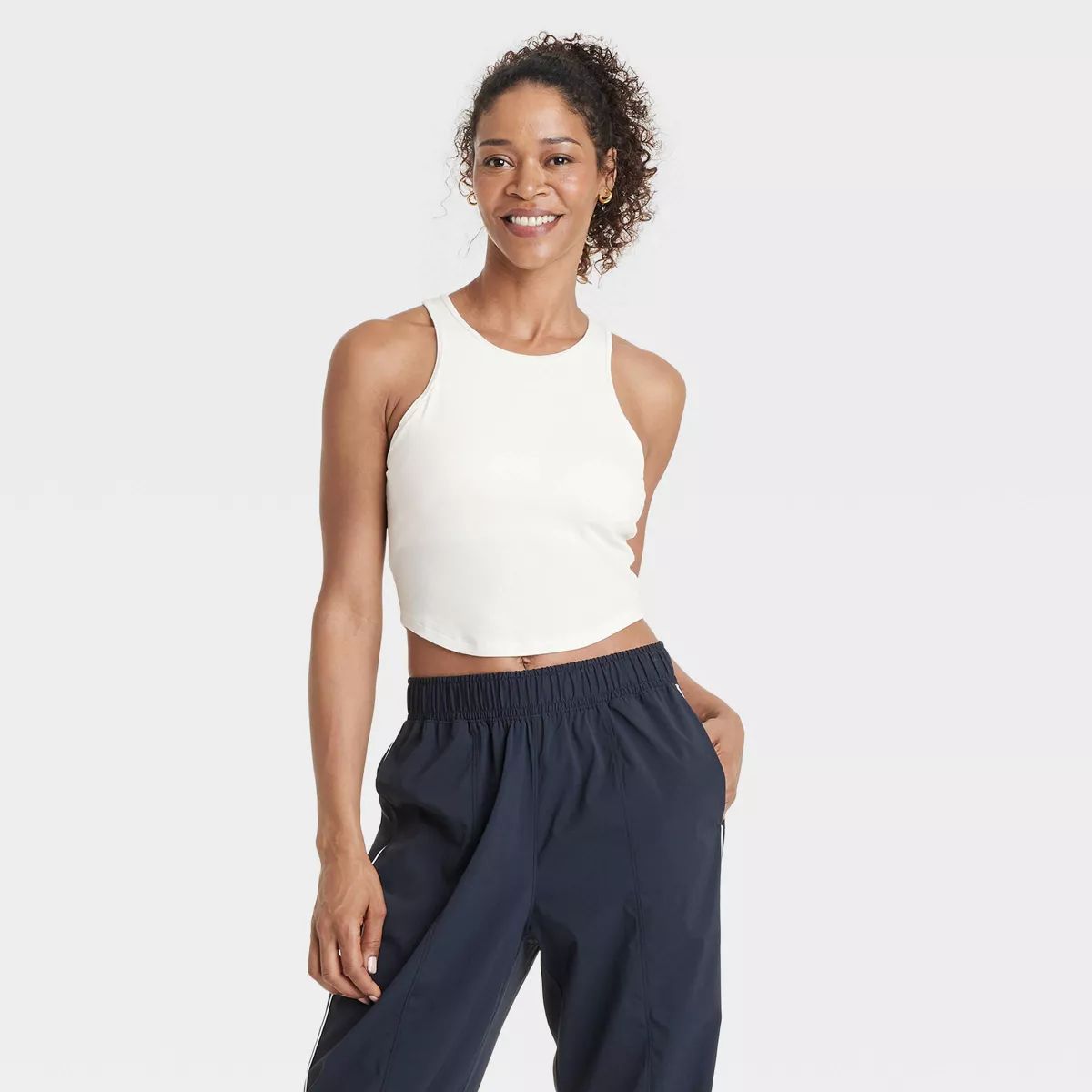 Women's Rib High Neck Racerback Cropped Tank Top - All In Motion™ Cream XS | Target