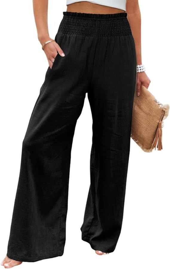 FMEYOA Women Wide Leg Pants High Waisted Cotton Palazzo Pants Work Long Trousers with Pockets | Amazon (US)