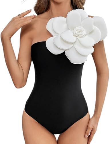 FLAXMAKER Hand-Stitched 3D Flowers Detachable Shoulder Strap One Piece Swimsuit and Sarong | Amazon (US)