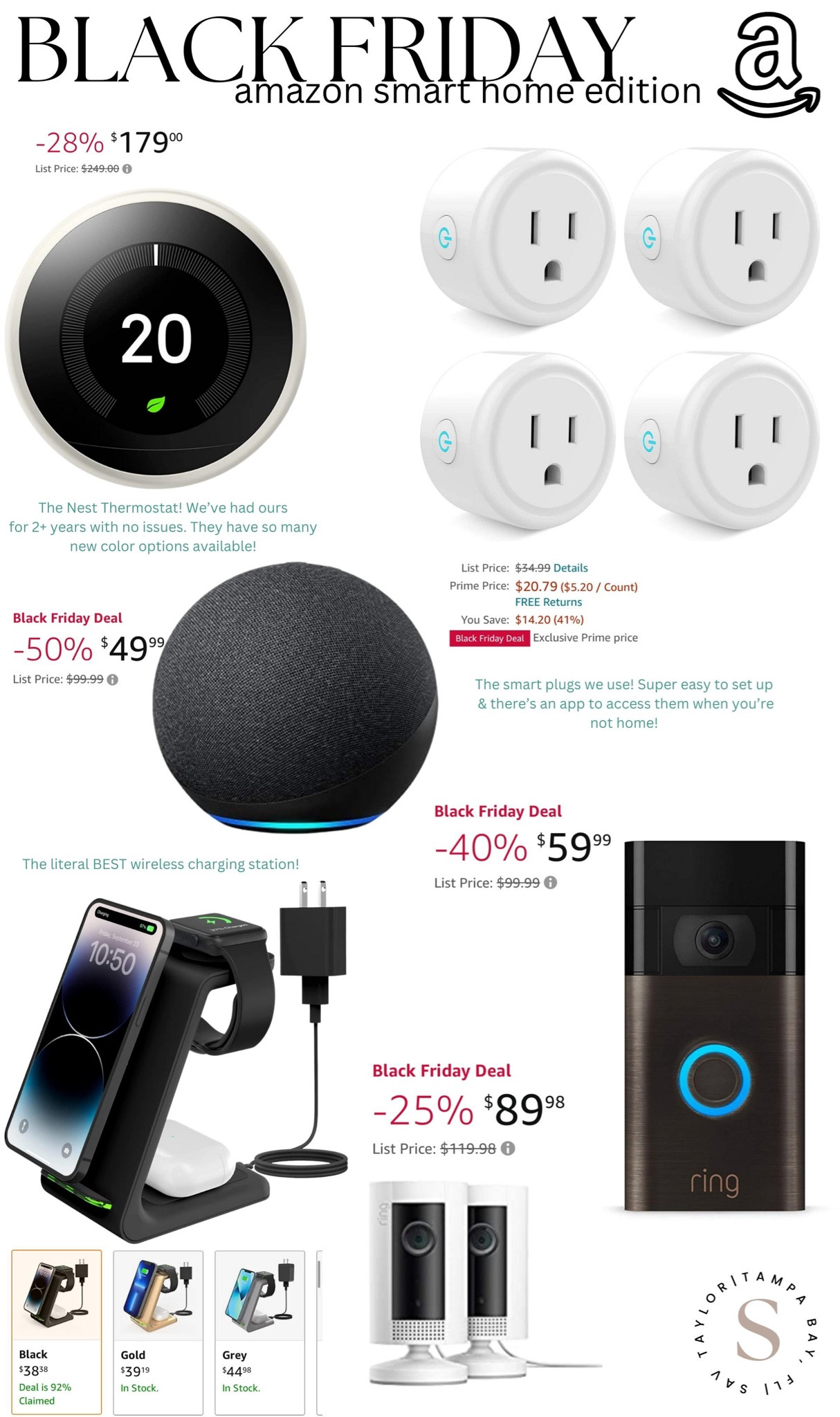 Black Friday on Amazon Prime! Smart Home Must-Haves! We have everything on this list and they’re so worth it. We’ve had our thermostat for over two years now, along with our Ring doorbell and cameras. We have an Alexa in our living room and bedroom that can control our smart plugs, TV, lights, play music, set timers, etc. We’re obsessed with our wireless charging stations, too! 

#LTKGiftGuide #LTKCyberweek #LTKhome